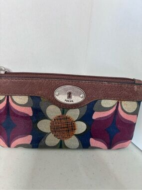 Fossil Key-Per Floral Wristlet Wallet Coin Purse Canvas Leather Retro Print